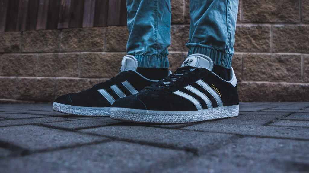 Close up of Adidas Gazekke trainers in black