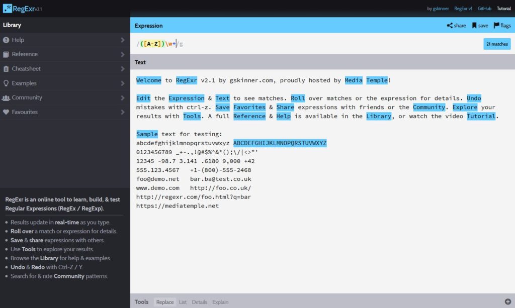 Regexr website screenshot