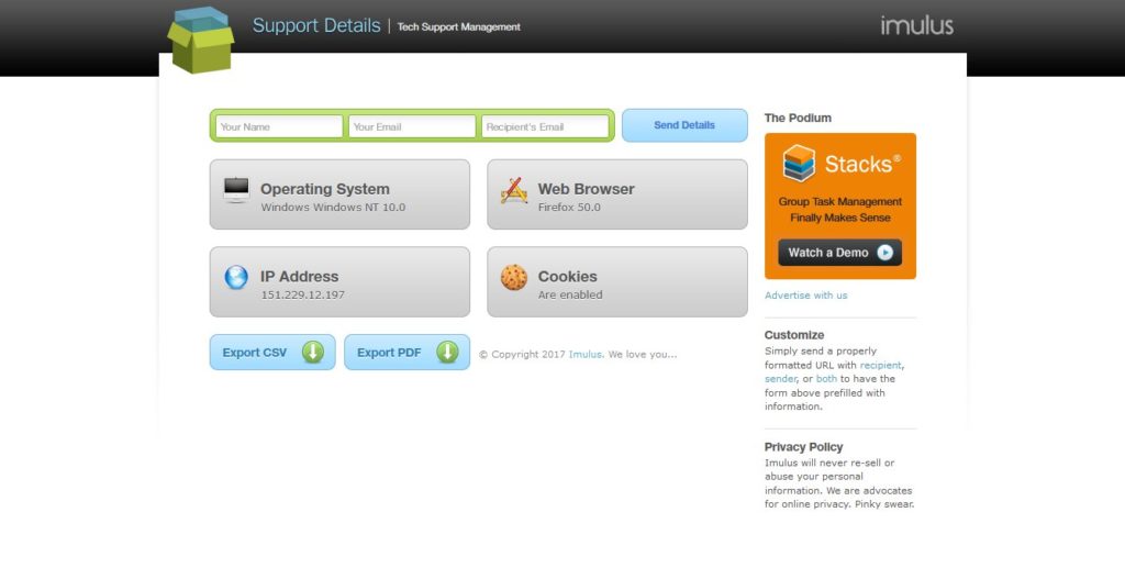 Support Details Website Screenshot