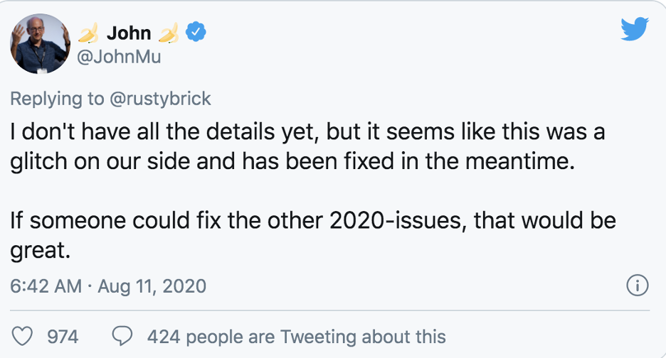 John Mueller comments on Twitter confirming major Google indexing glitch