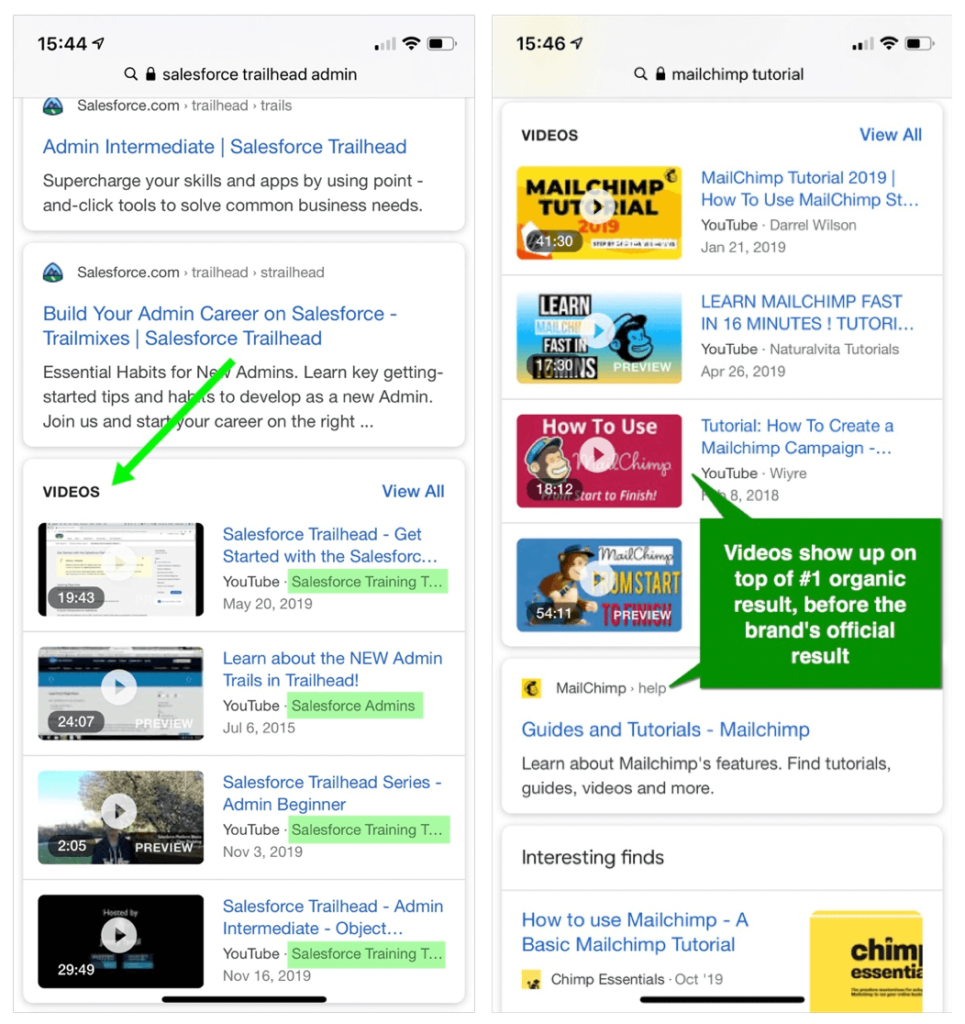 screenshot from Google showing video thumbnails