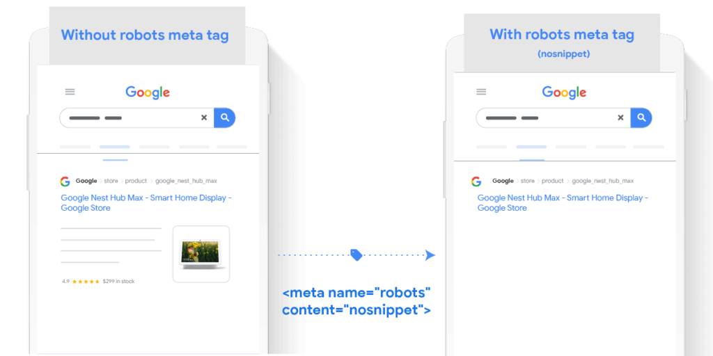 Google page results with “nosnippet” meta tag