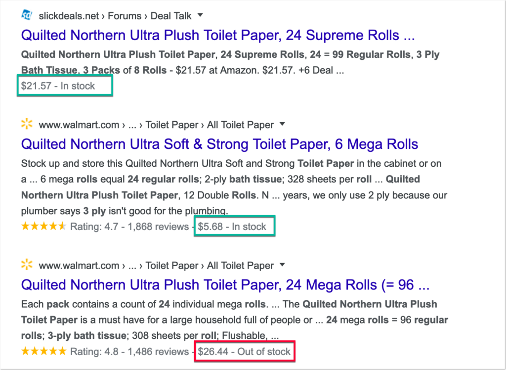 screenshot from Google showing the 'out of stock schema' for toilet paper