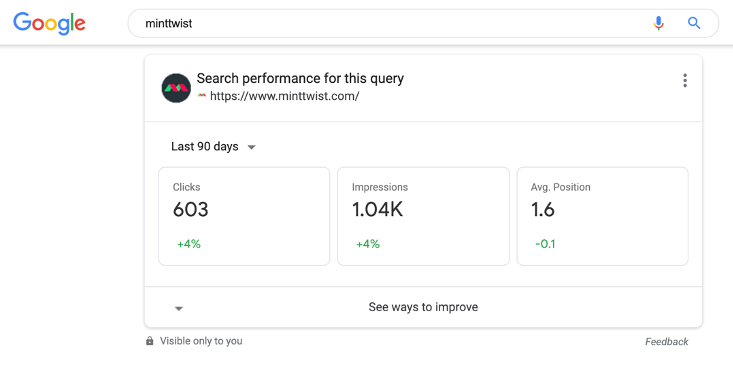 Screenshot of Google Search Console summary card appearing at the top of the SERPs