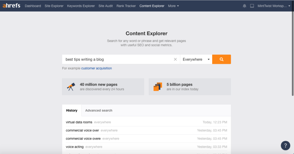 screenshot of Ahrefs search query
